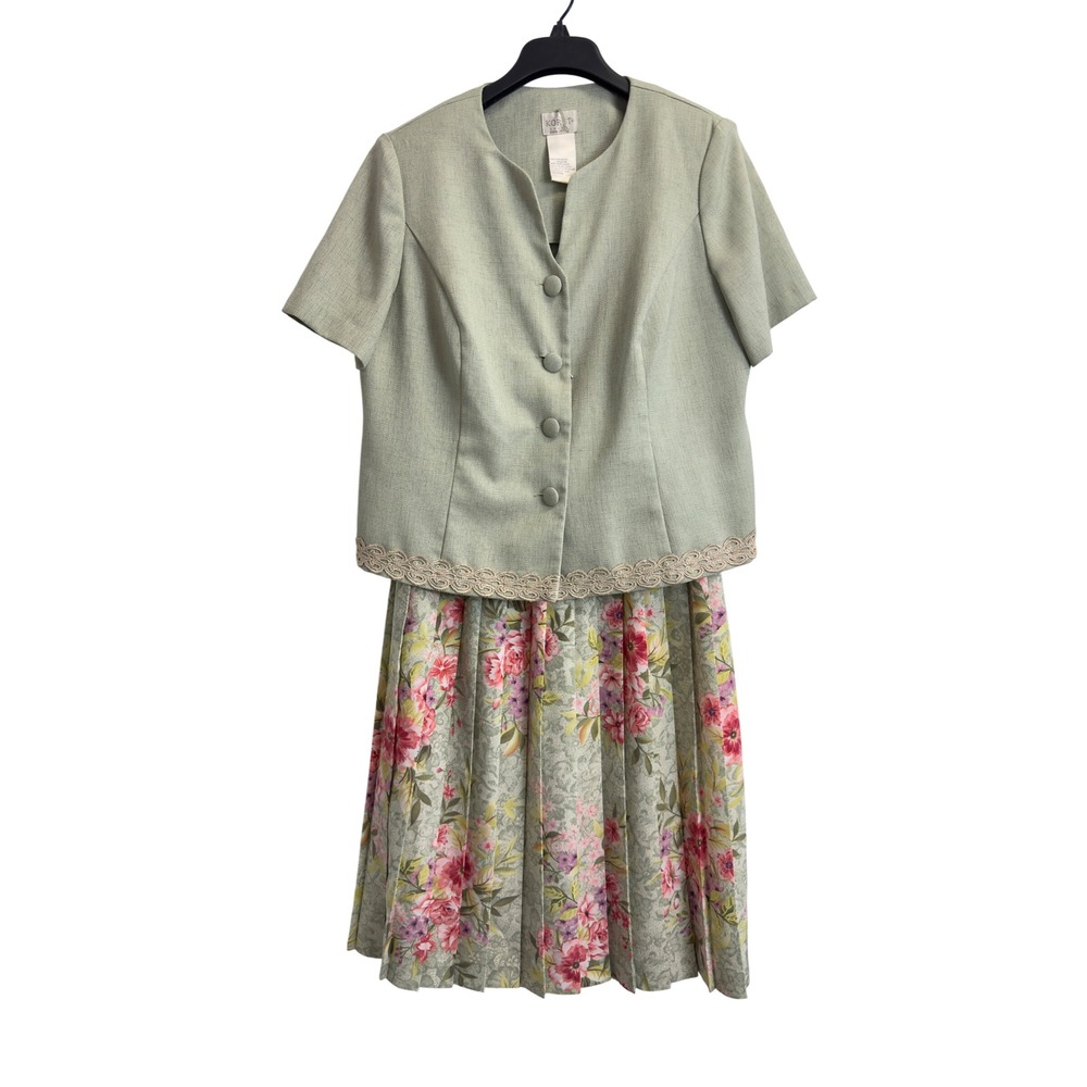 Koret Dress Sage Green Jacket and Floral Pleated Skirt Set Women's 16WP Vintage